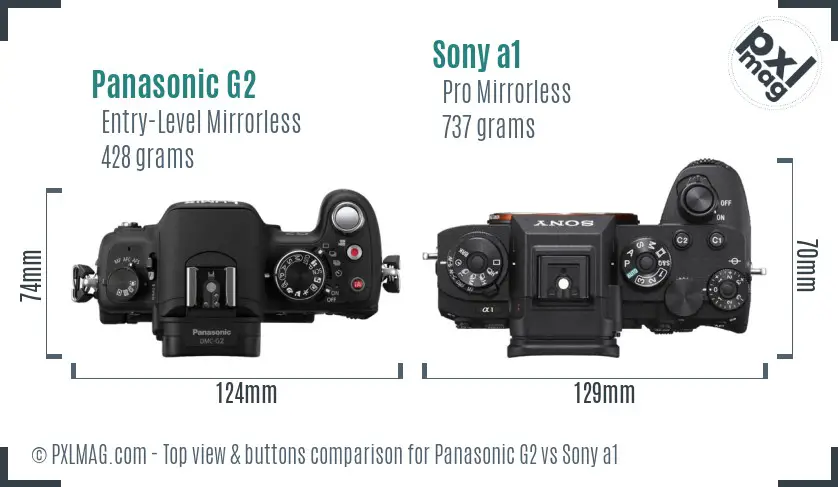 Panasonic G2 vs Sony a1 top view buttons comparison Panasonic G2 vs Sony a1 top view buttons comparison