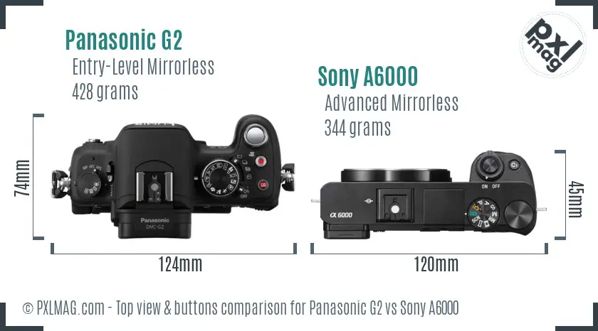 Panasonic G2 vs Sony A6000 top view buttons comparison