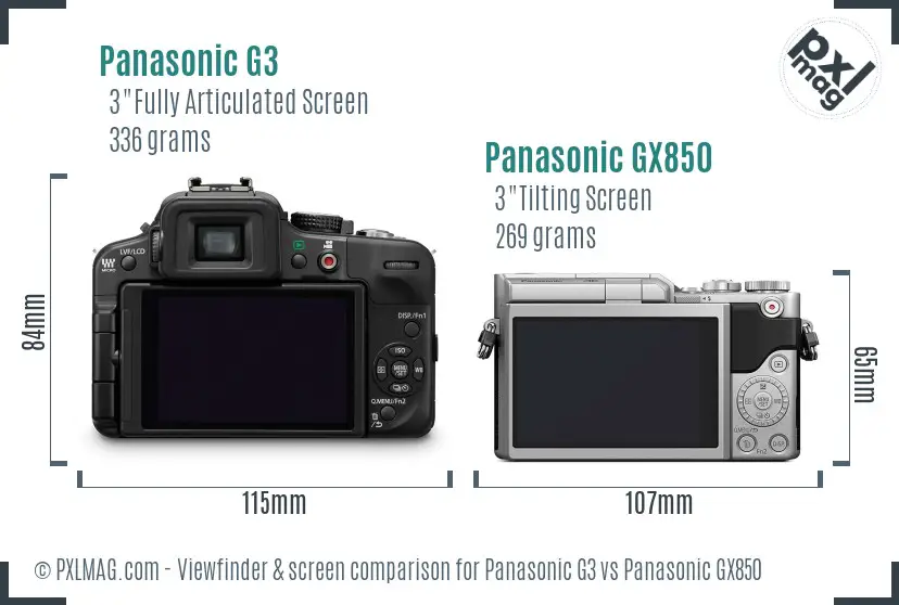 Panasonic G3 vs Panasonic GX850 Screen and Viewfinder comparison