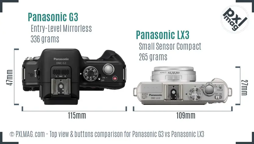 Panasonic G3 vs Panasonic LX3 top view buttons comparison