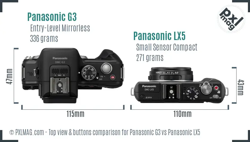 Panasonic G3 vs Panasonic LX5 top view buttons comparison