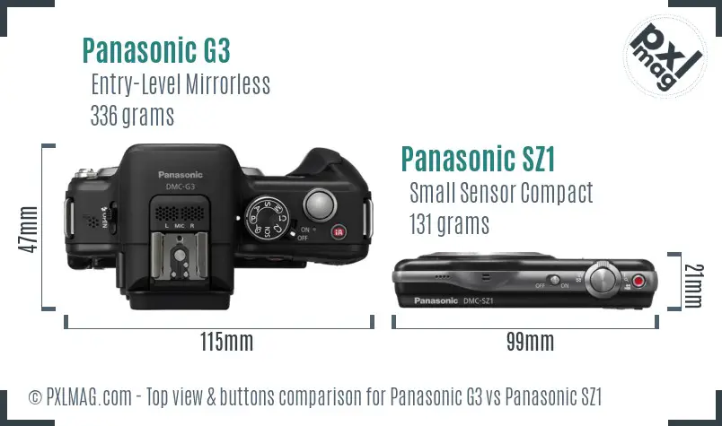 Panasonic G3 vs Panasonic SZ1 top view buttons comparison