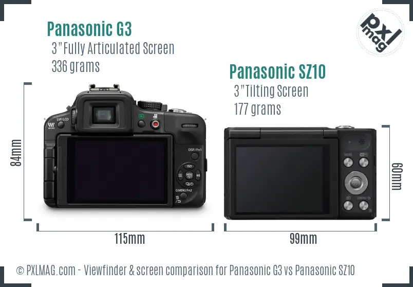 Panasonic G3 vs Panasonic SZ10 Screen and Viewfinder comparison