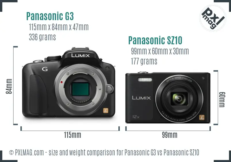 Panasonic G3 vs Panasonic SZ10 size comparison