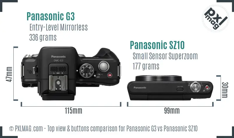 Panasonic G3 vs Panasonic SZ10 top view buttons comparison