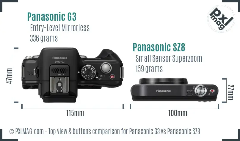 Panasonic G3 vs Panasonic SZ8 top view buttons comparison