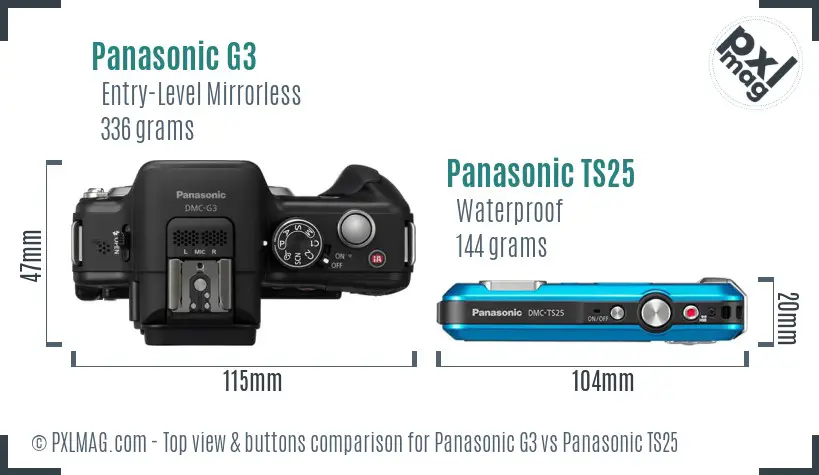 Panasonic G3 vs Panasonic TS25 top view buttons comparison
