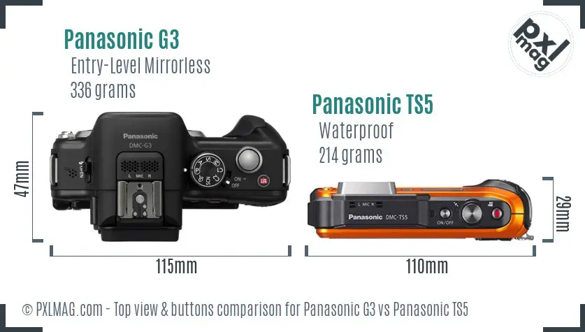 Panasonic G3 vs Panasonic TS5 top view buttons comparison