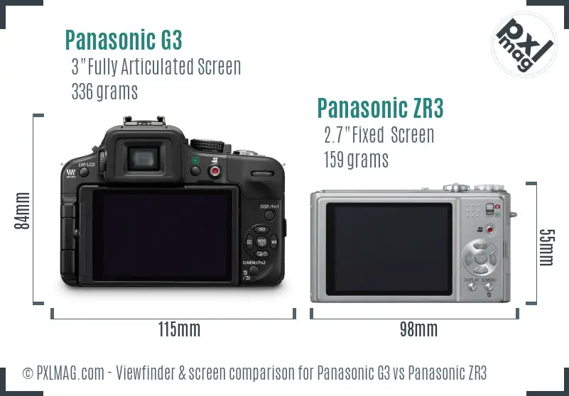 Panasonic G3 vs Panasonic ZR3 Screen and Viewfinder comparison
