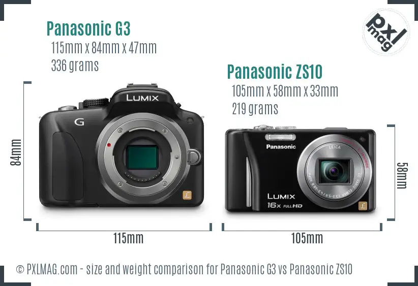 Panasonic G3 vs Panasonic ZS10 size comparison