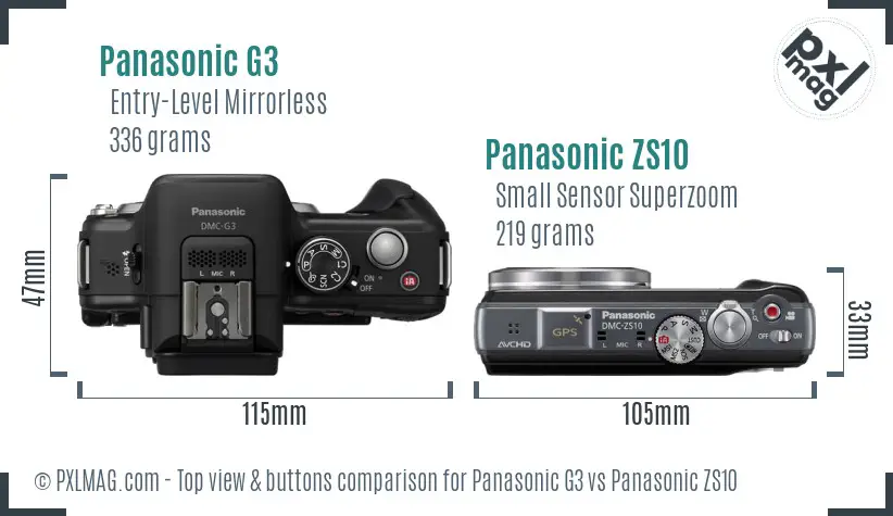 Panasonic G3 vs Panasonic ZS10 top view buttons comparison