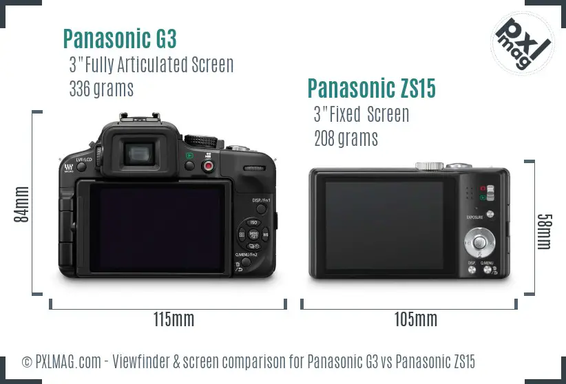 Panasonic G3 vs Panasonic ZS15 Screen and Viewfinder comparison