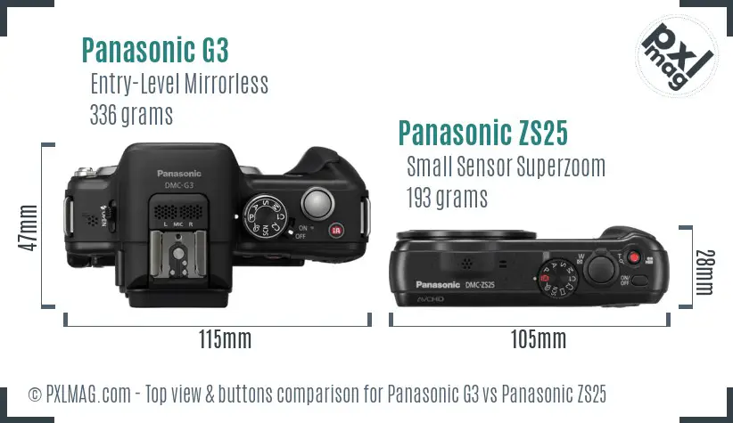 Panasonic G3 vs Panasonic ZS25 top view buttons comparison