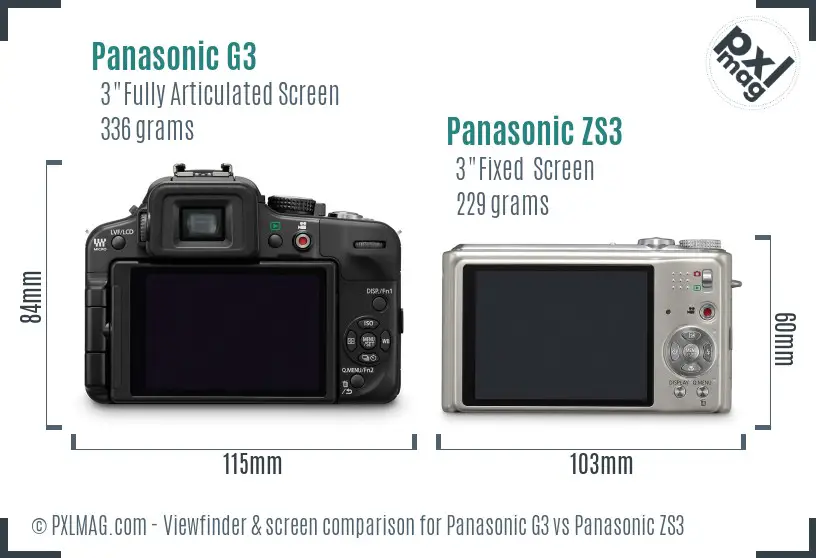 Panasonic G3 vs Panasonic ZS3 Screen and Viewfinder comparison