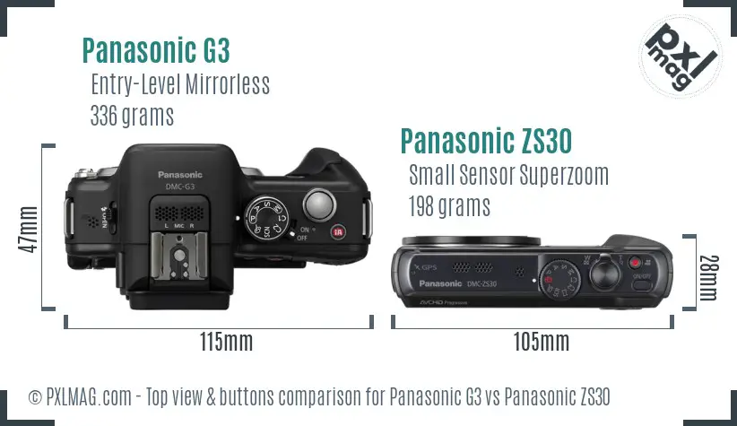 Panasonic G3 vs Panasonic ZS30 top view buttons comparison
