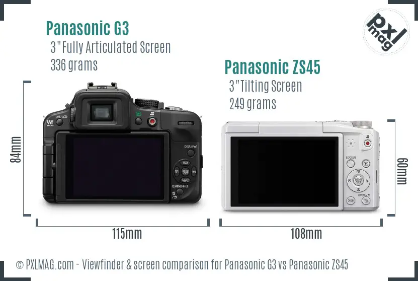 Panasonic G3 vs Panasonic ZS45 Screen and Viewfinder comparison