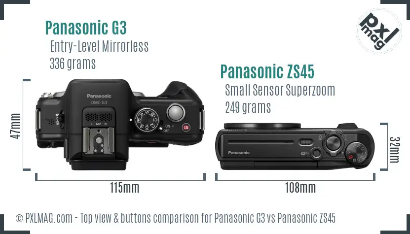 Panasonic G3 vs Panasonic ZS45 top view buttons comparison