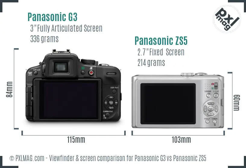 Panasonic G3 vs Panasonic ZS5 Screen and Viewfinder comparison