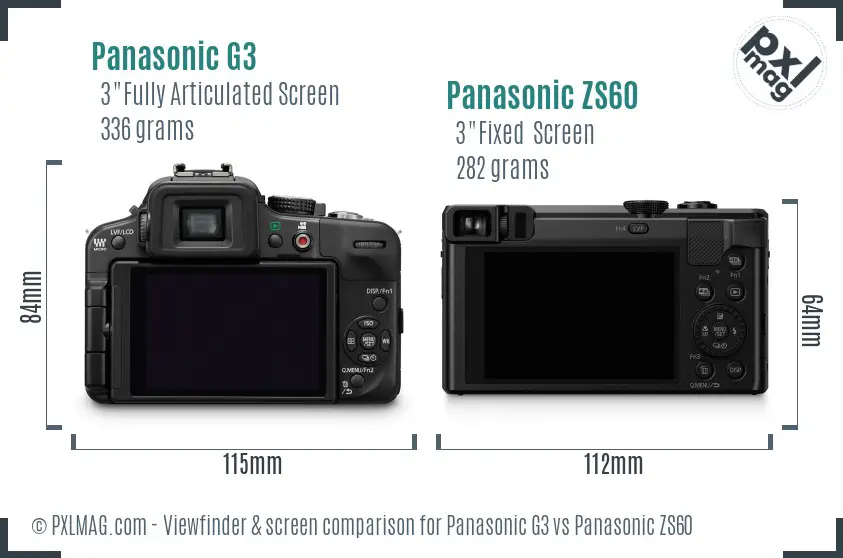 Panasonic G3 vs Panasonic ZS60 Screen and Viewfinder comparison