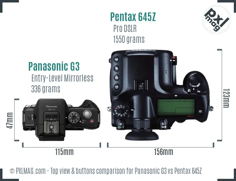 Panasonic G3 vs Pentax 645Z top view buttons comparison