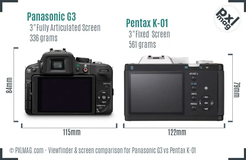 Panasonic G3 vs Pentax K-01 Screen and Viewfinder comparison