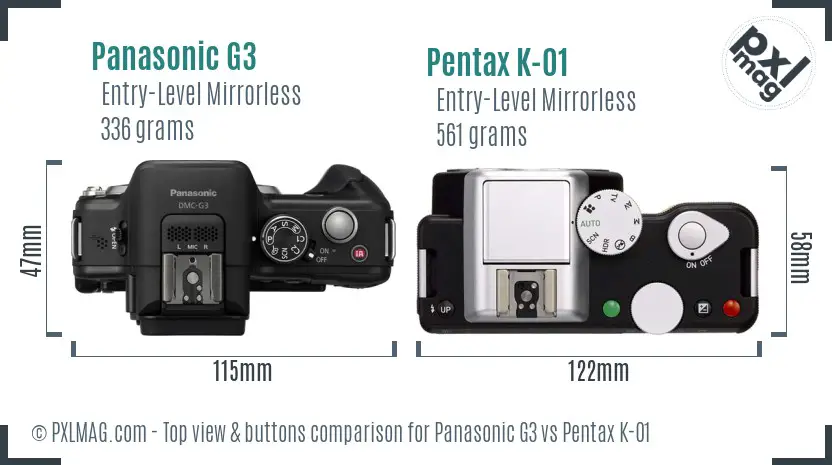 Panasonic G3 vs Pentax K-01 top view buttons comparison