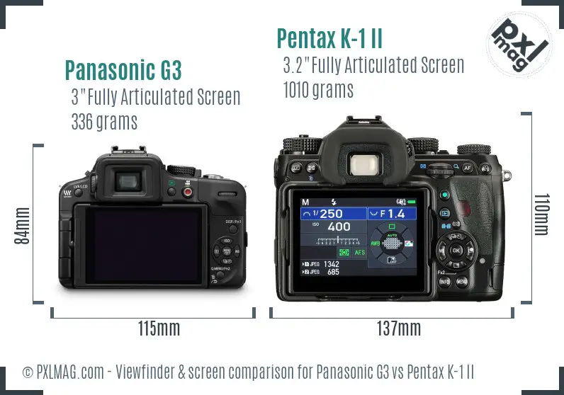 Panasonic G3 vs Pentax K-1 II Screen and Viewfinder comparison