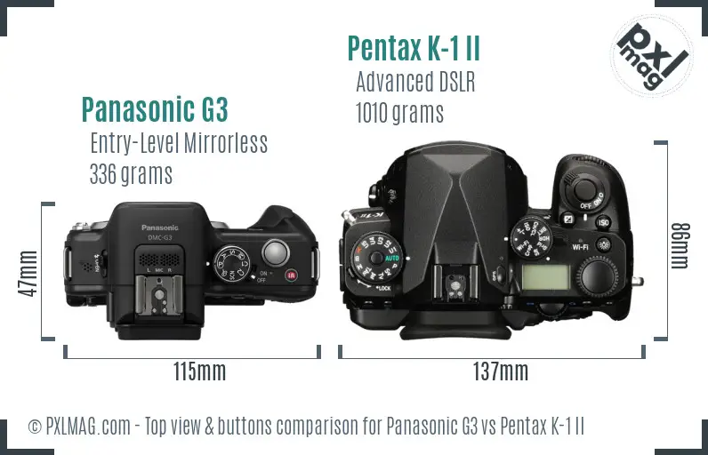 Panasonic G3 vs Pentax K-1 II top view buttons comparison
