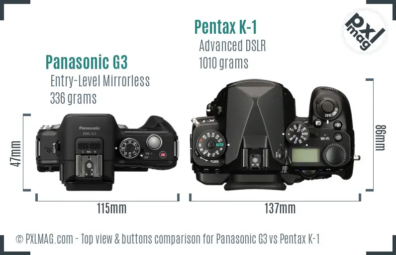 Panasonic G3 vs Pentax K-1 top view buttons comparison