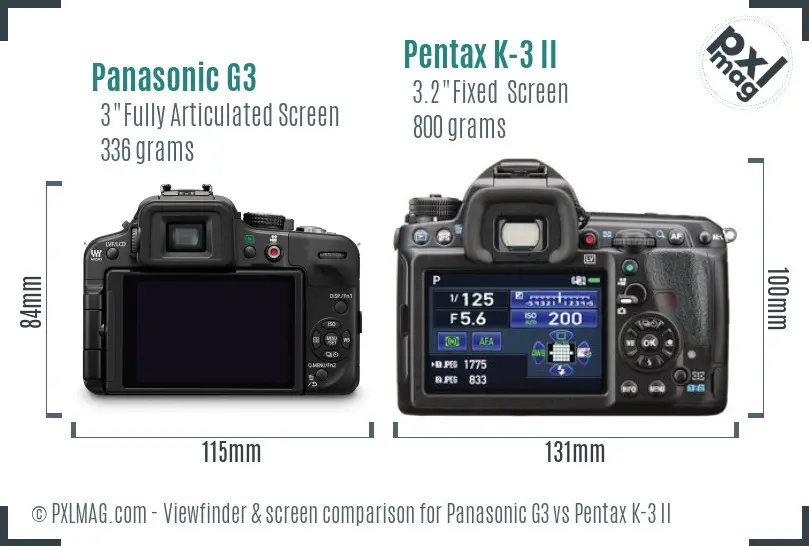 Panasonic G3 vs Pentax K-3 II Screen and Viewfinder comparison