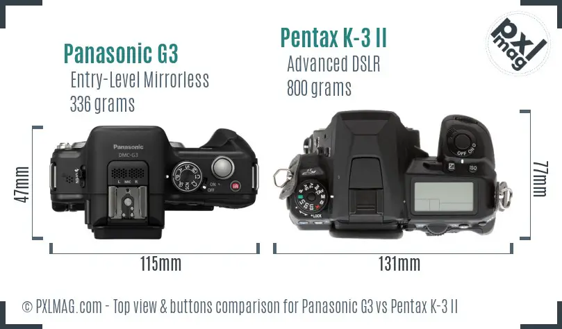 Panasonic G3 vs Pentax K-3 II top view buttons comparison