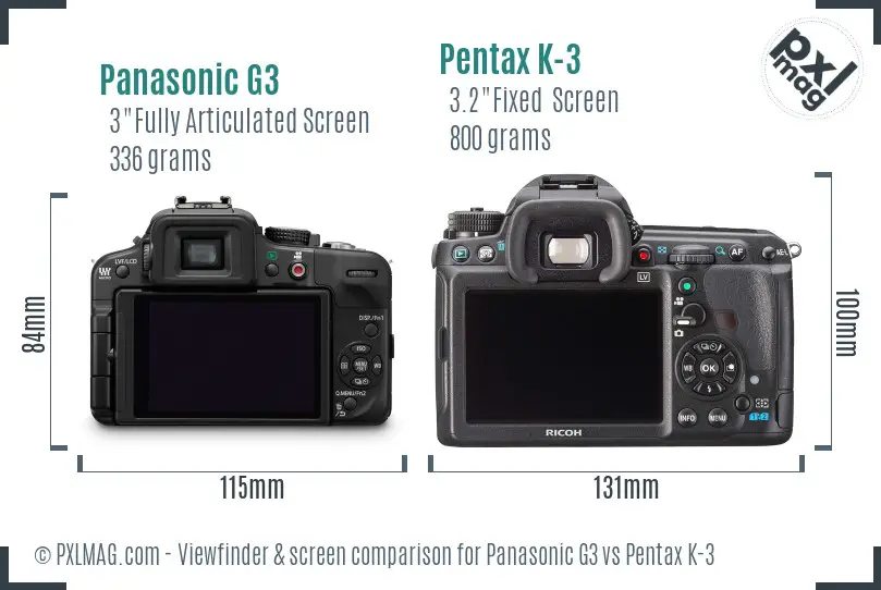 Panasonic G3 vs Pentax K-3 Screen and Viewfinder comparison