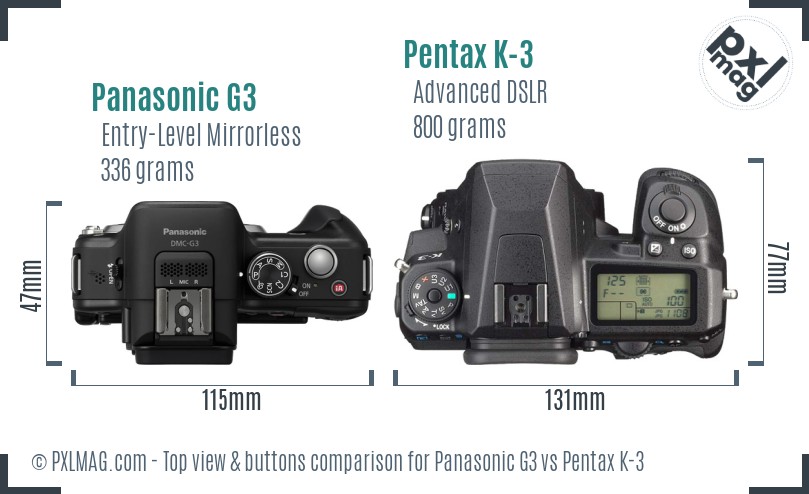 Panasonic G3 vs Pentax K-3 top view buttons comparison