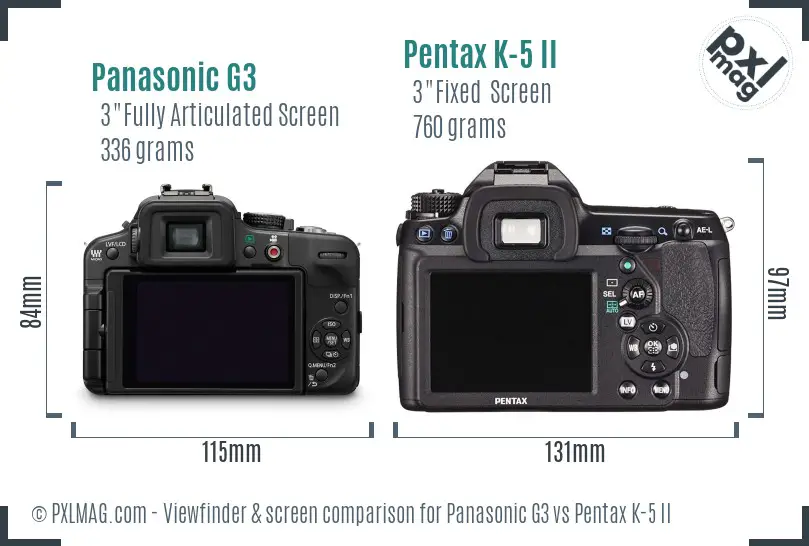 Panasonic G3 vs Pentax K-5 II Screen and Viewfinder comparison