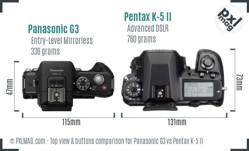 Panasonic G3 vs Pentax K-5 II top view buttons comparison