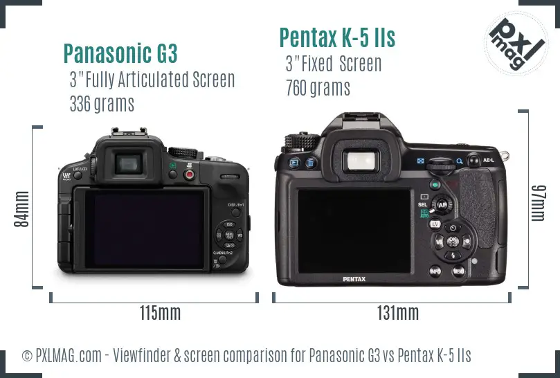 Panasonic G3 vs Pentax K-5 IIs Screen and Viewfinder comparison