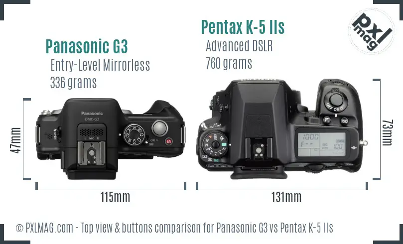 Panasonic G3 vs Pentax K-5 IIs top view buttons comparison