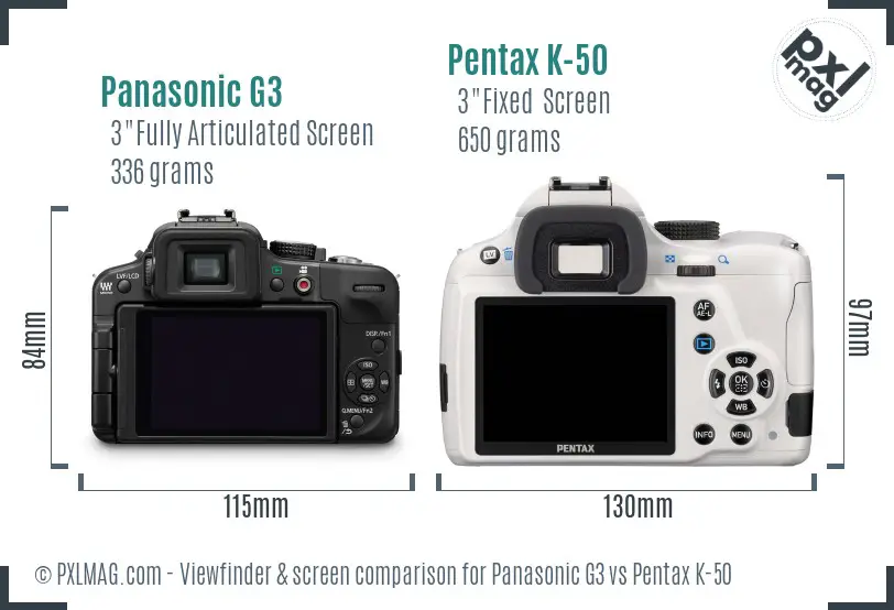 Panasonic G3 vs Pentax K-50 Screen and Viewfinder comparison