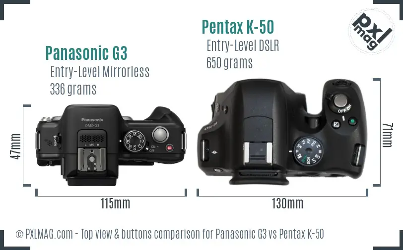 Panasonic G3 vs Pentax K-50 top view buttons comparison