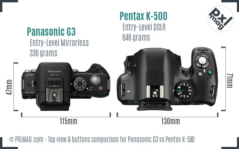 Panasonic G3 vs Pentax K-500 top view buttons comparison