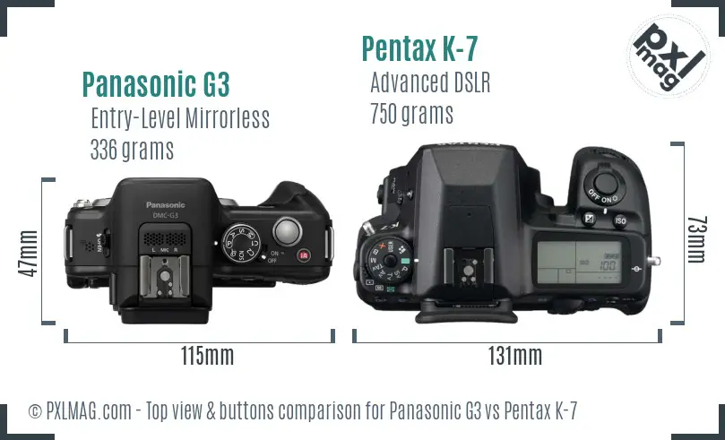 Panasonic G3 vs Pentax K-7 top view buttons comparison