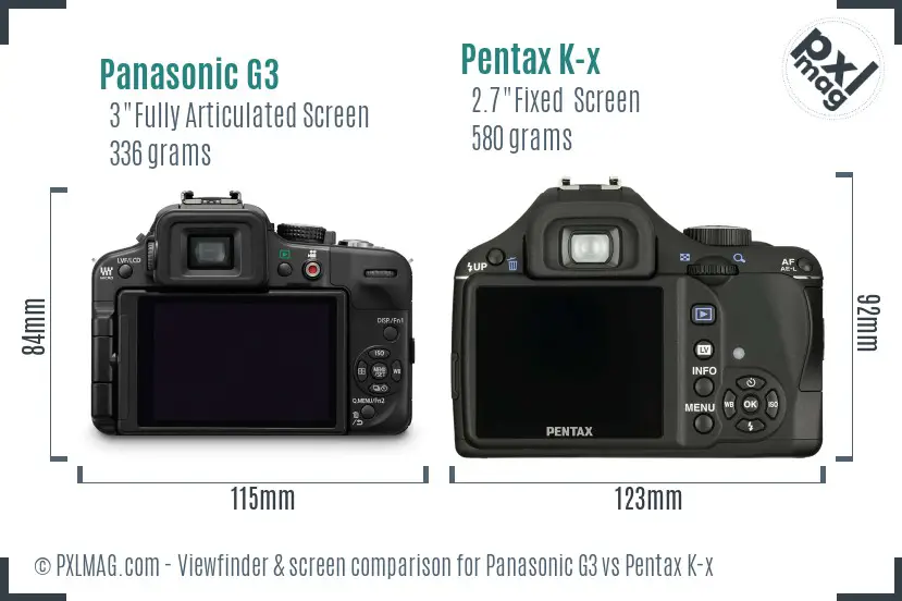 Panasonic G3 vs Pentax K-x Screen and Viewfinder comparison