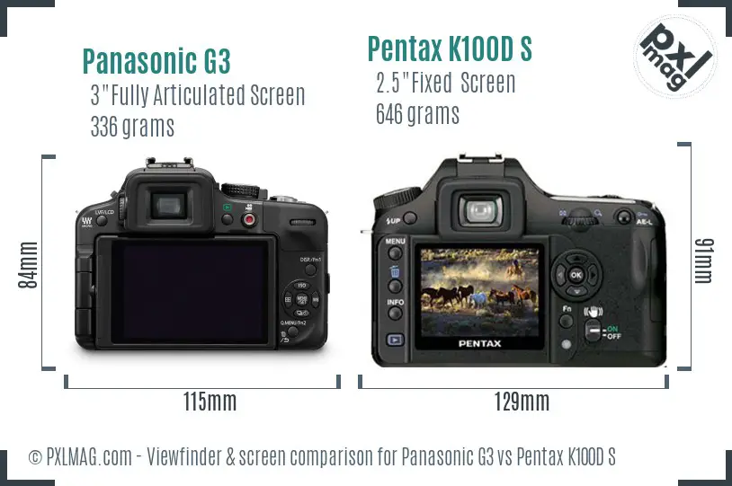 Panasonic G3 vs Pentax K100D S Screen and Viewfinder comparison