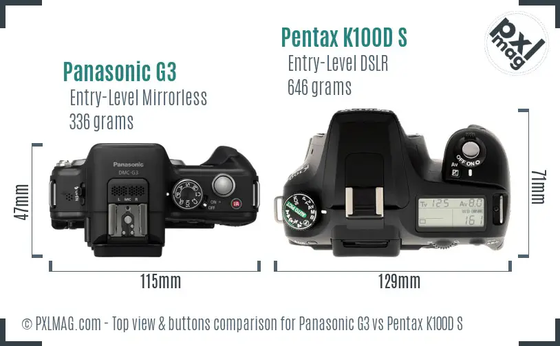 Panasonic G3 vs Pentax K100D S top view buttons comparison