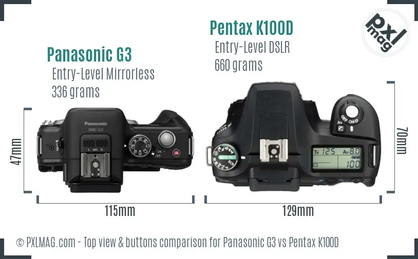 Panasonic G3 vs Pentax K100D top view buttons comparison