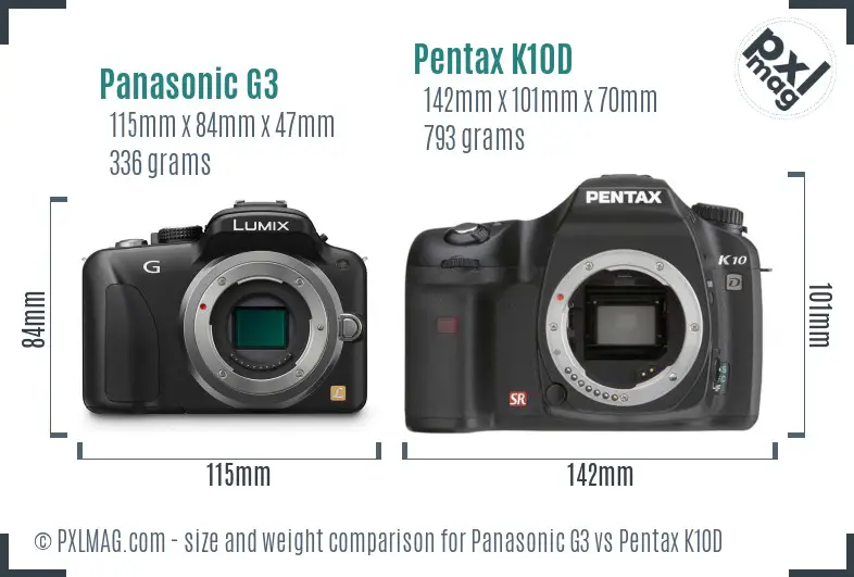 Panasonic G3 vs Pentax K10D size comparison