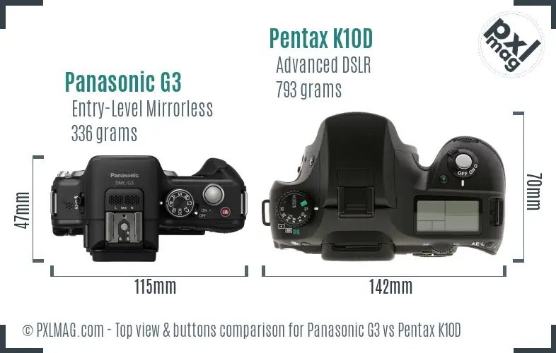 Panasonic G3 vs Pentax K10D top view buttons comparison