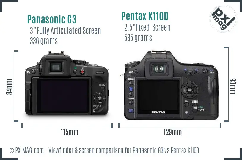 Panasonic G3 vs Pentax K110D Screen and Viewfinder comparison