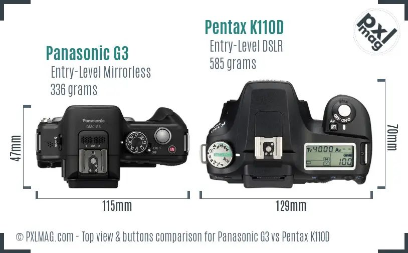 Panasonic G3 vs Pentax K110D top view buttons comparison