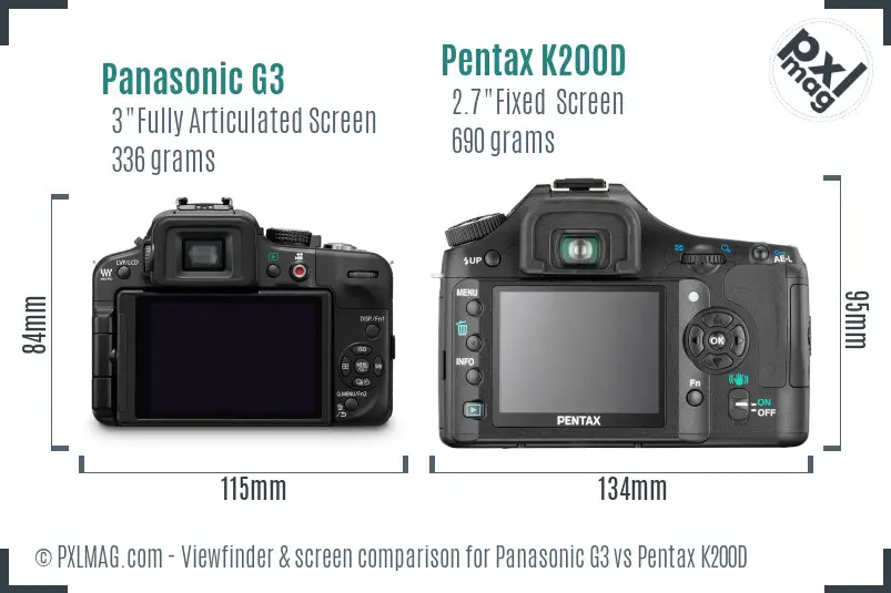Panasonic G3 vs Pentax K200D Screen and Viewfinder comparison